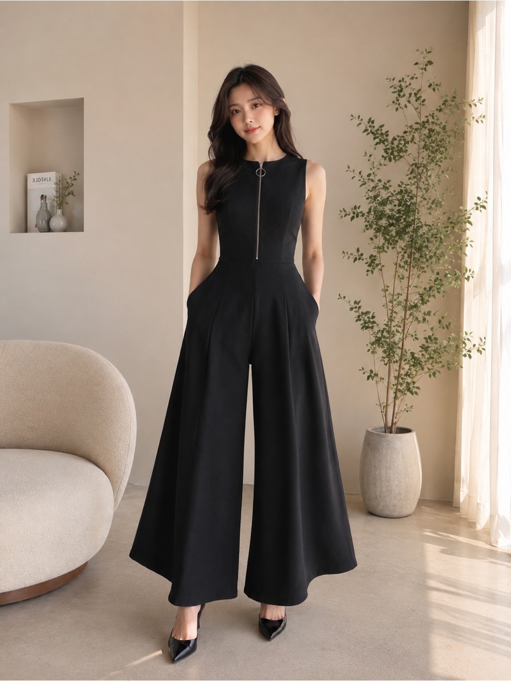 Sz S Sami & Jo Black Sleeveless Wide Leg Jumpsuit Zip Front W/ Pockets